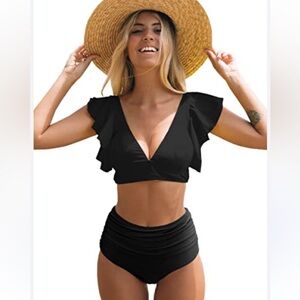 Two Piece Bikini Set Stripe Full Coverage Swimsuit Tummy Control Padded M